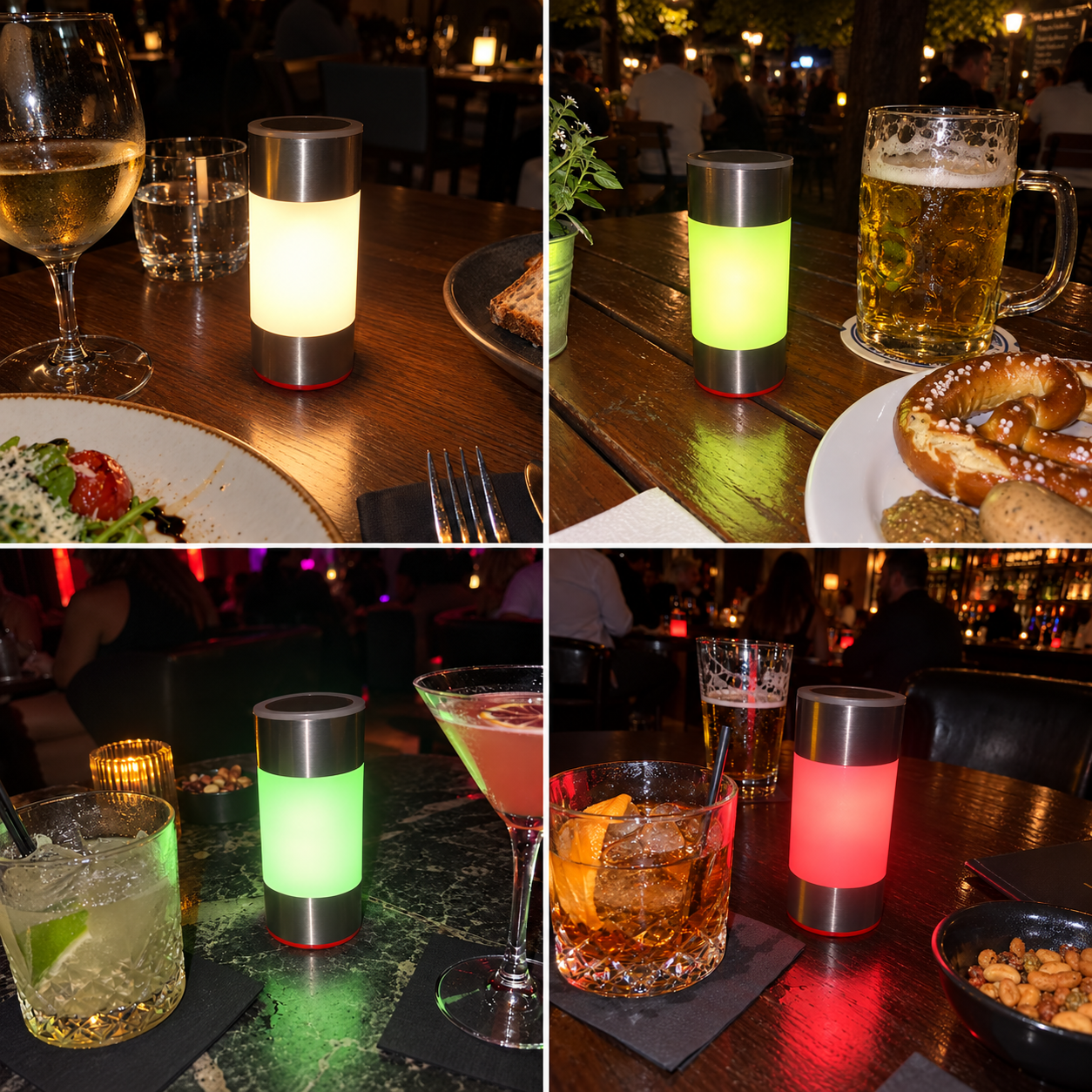 FLIPLY-Bildcollage mit vier Gastronomieszenen und verschiedenen FLIPLY-Lichtfarben