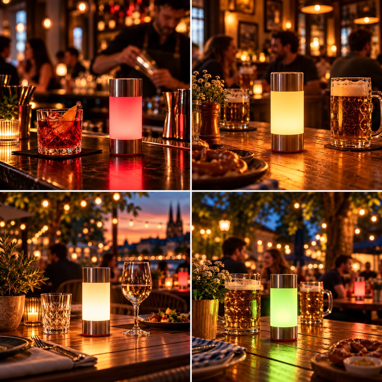FLIPLY-Servicelampen in vier Gastronomieszenerien: Bar, Restaurant und Biergarten, in roter, warmweißer und grüner Lichtfarbe